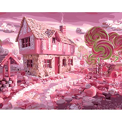 Diy Pintura Por Números,Pintura Por Números Diy Acrílico Kit De Pintura Para Niños Y Adultos Principiante – 16X20 Pulgadas Rosa Candy House Patrón Con 3 Pinceles Y Colores Brillantes, Con Marco