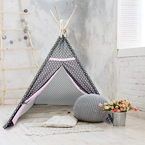 ECD Germany Tienda de Campaña para Niños 115x115x160cm Estilo Tipi Indio Juegos Fantasía Campañia Infantil de Poliéster Gris con Estrellas Blancas con Entrada de Puerta con Bolsa de Almacenamiento