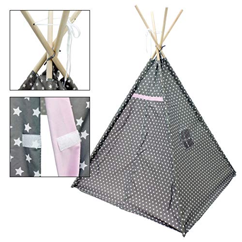 ECD Germany Tienda de Campaña para Niños 115x115x160cm Estilo Tipi Indio Juegos Fantasía Campañia Infantil de Poliéster Gris con Estrellas Blancas con Entrada de Puerta con Bolsa de Almacenamiento