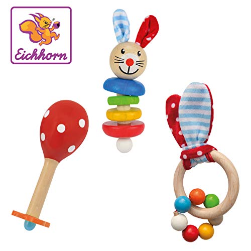 Eichhorn 100017045 - Set de 3 maracas, sonido, sonido, sonido, diseño de conejo, FSC 100%, madera de haya, BSK, 0-3m+, fabricado en Alemania, multicolor , color/modelo surtido