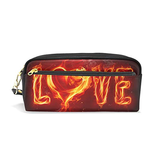 Eslifey - Estuche de piel sintética para lápices y bolígrafos, diseño de corazón con texto en inglés"Fire Heart", para niños, impermeable, para cosméticos y maquillaje