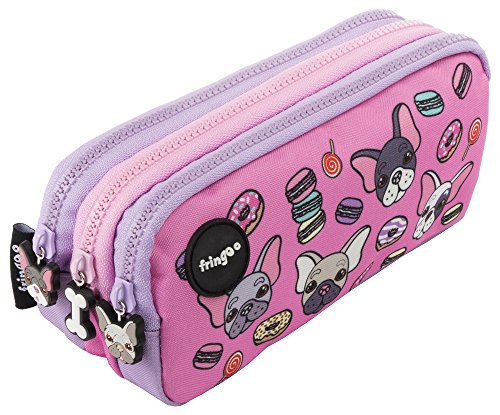 Estuche para lápices de 3 compartimentos FRINGOO, para niños, divertido y bonito, color Pugs & Sweets - 3 Compartments Large