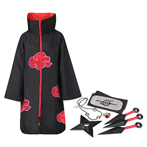 ExH Capa De Akatsuki Itachi, 8 Piezas de Naruto Akatsuki Cloak Anime Cosplay Anime Naruto Akatsuki Traje Largo Capa de Anime Japonés Disfraz de Cosplay Diadema Accesorios Completos