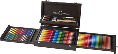 Faber-Castell 110086 - Estuche de madera de 108 piezas con equipo básico de las 3 gamas, ecolápices polychromos, tizas, grfitos y accesorios