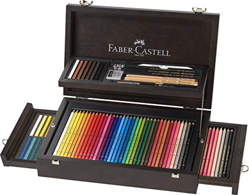 Faber-Castell 110086 - Estuche de madera de 108 piezas con equipo básico de las 3 gamas, ecolápices polychromos, tizas, grfitos y accesorios