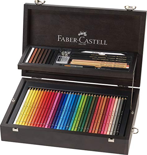 Faber-Castell 110086 - Estuche de madera de 108 piezas con equipo básico de las 3 gamas, ecolápices polychromos, tizas, grfitos y accesorios