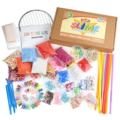 FEPITO 84 Pcs Slime Kit incluyendo Bolas espuma, Bolas pecera, Red, Cáscara, Cubo esponja, Rebanadas, Banda goma, Hoja oro imitación, Papel de azúcar, Confeti (No contiene limo)