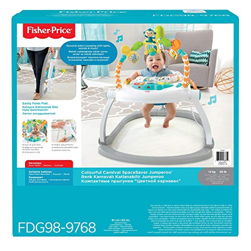 Fisher-Price Jumperoo Compact Carnaval con luces, sonidos y música, plegable para facilitar el transporte, 9 meses y más, FDG98