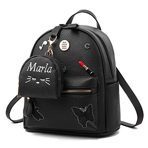 Flada niñas mochila PU cuero escuela bolsas mochila lindo Bookbag monedero con pequeña cartera de gato negro