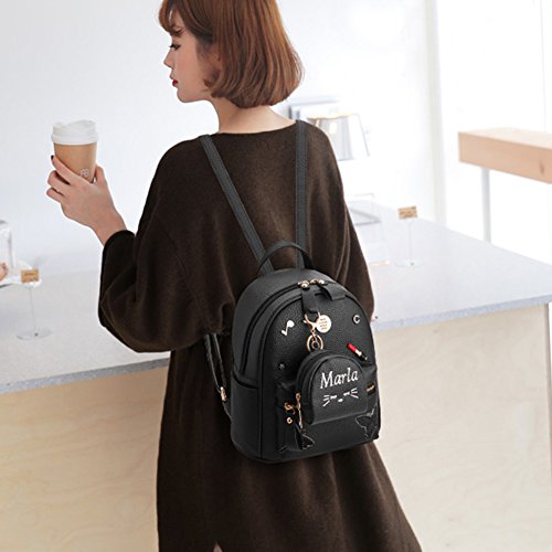 Flada niñas mochila PU cuero escuela bolsas mochila lindo Bookbag monedero con pequeña cartera de gato negro