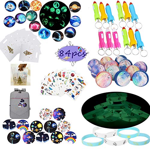 foci cozi Outer Space Party Favors Supplies,Tattoo Sticker Bouncy Ball Bracelet Space Badge Luminous Ball Balloon Helicopter Gift Bag Accessories Kit for Kids Birthday Party Gift,Stocking Stuffers …