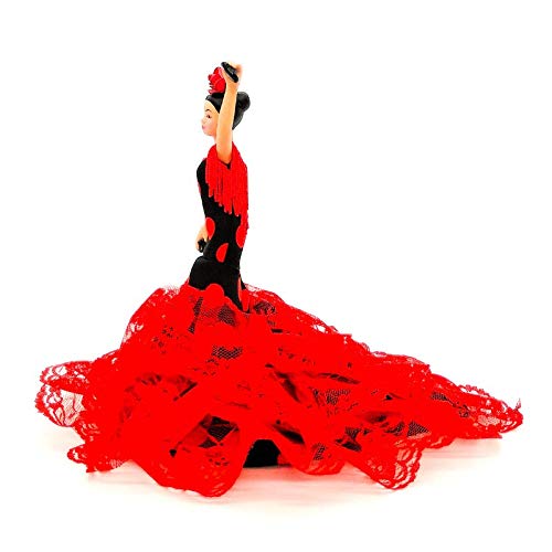 Folk Artesanía Muñeca Porcelana andaluza o Flamenca 18 cm Lunares (Rojo Lunar Negro)