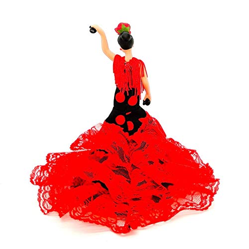 Folk Artesanía Muñeca Porcelana andaluza o Flamenca 18 cm Lunares (Rojo Lunar Negro)