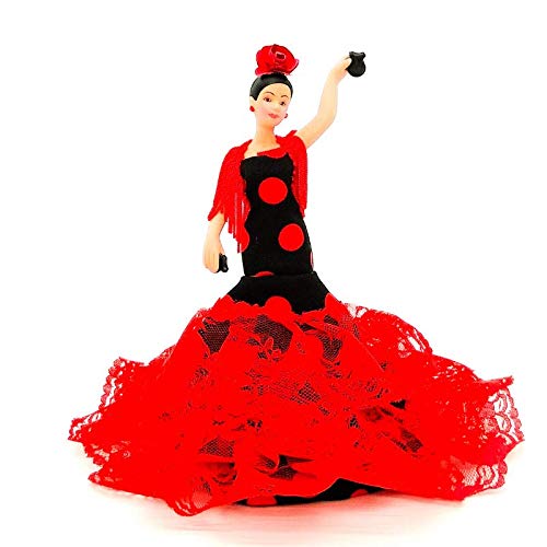 Folk Artesanía Muñeca Porcelana andaluza o Flamenca 18 cm Lunares (Rojo Lunar Negro)