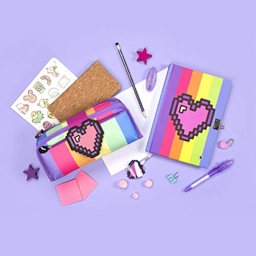 Fringoo - Diario Secreto y Bolígrafo Brillante con Estrellas para Chicas, Candado de Corazón Combinado al Marcapáginas | Hermoso Cuaderno de Chicas y Bolígrafos - Corazón pixelado de Arcoiris