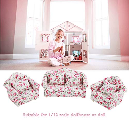 FTVOGUE 1/12 Escala Accesorios de casa de muñecas Patrón de Flores Mini Muebles Sofá Conjunto con Cojines de Espalda(02)