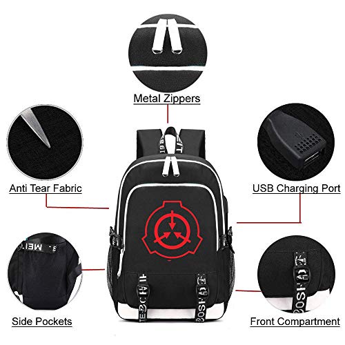 FZ FUTURE Anime Cosplay Mochila Escolar, Fundación SCP Mochilas Escolares, Mochilas Escolares niño niña, con Puerto de Carga USB y línea de Audio, Unisex Bookbag,Black