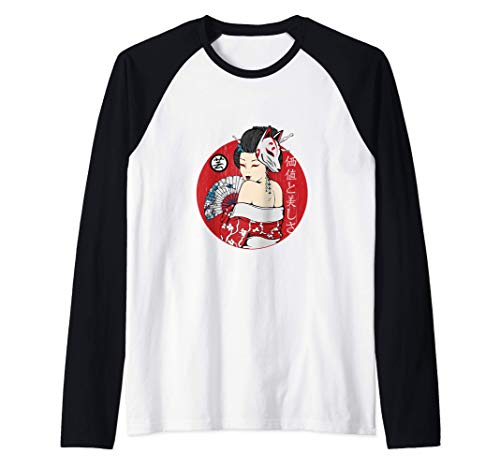 Geisha Kitsune Mask traditional Girl Japanese Art Camiseta Manga Raglan