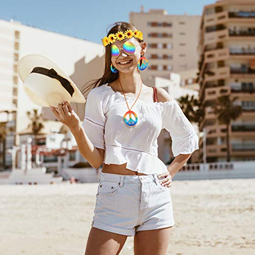 Geyoga Juego de Disfraz de Hippie 4 Piezas Incluye un Collar de Signo de Paz de Arco Iris Pendiente Diadema de Girasol y Gafas de Sol Redondas de Hippie 60s 70s Accesorios para Fiestas