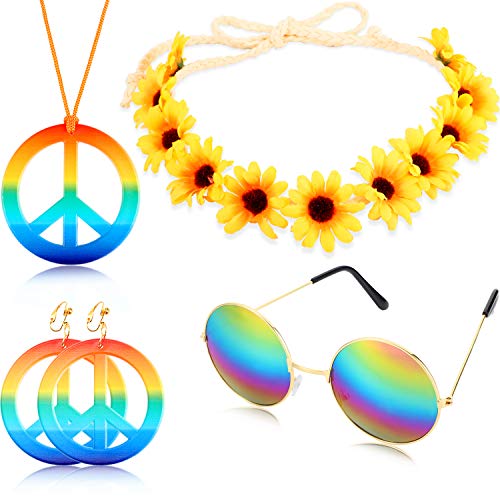 Geyoga Juego de Disfraz de Hippie 4 Piezas Incluye un Collar de Signo de Paz de Arco Iris Pendiente Diadema de Girasol y Gafas de Sol Redondas de Hippie 60s 70s Accesorios para Fiestas