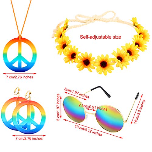 Geyoga Juego de Disfraz de Hippie 4 Piezas Incluye un Collar de Signo de Paz de Arco Iris Pendiente Diadema de Girasol y Gafas de Sol Redondas de Hippie 60s 70s Accesorios para Fiestas