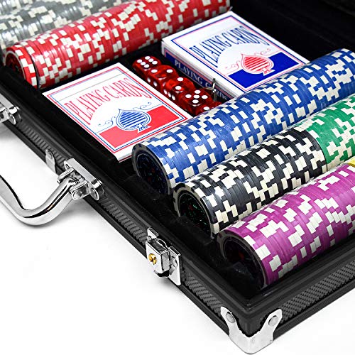 HENGMEI Set de póker Juego de póquer con 500 Chips Láser Aluminio 5 Dados, 2 Barajas de Cartas, 3 Ficha de Crupier, Color Negro