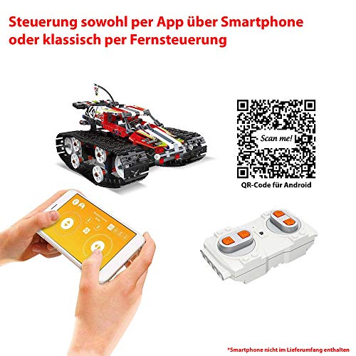 Himoto HSP Tanque Crawler teledirigido de bloques de construcción con control adicional mediante smartphone a través de la aplicación, modelo con batería integrada, kit de enchufe, Jeep, coche DIY