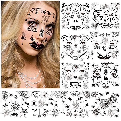 HOWAF Halloween Tatuajes Temporales de Cara,10 hojas Halloween Araña Tatuajes Temporales Pegatinas de maquillaje para Mujer Niños Fiesta Halloween Decoracion Terror cosplay Prop