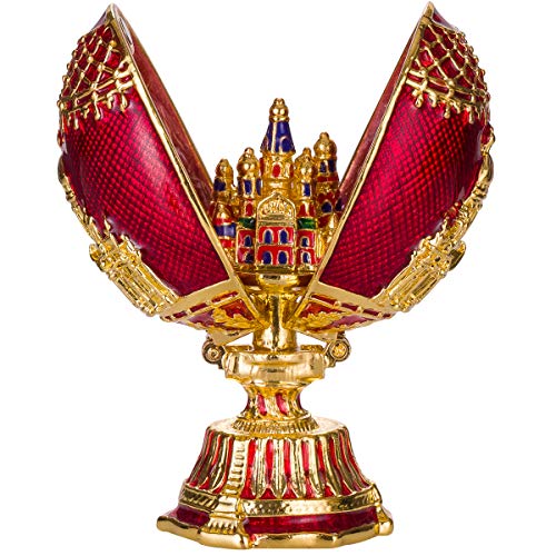 huevo ruso de Estilo Faberge con Iglesia del Salvador sobre la sangre y la Catedral de San Isaac San Petersburgo 7 cm rojo