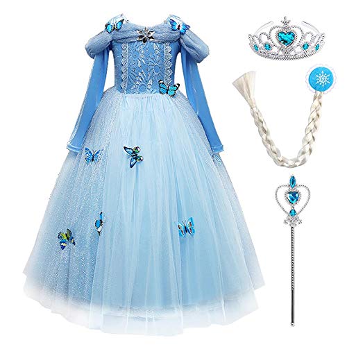 IWEMEK Disfraz de Carnaval Vestido de Cenicienta para Niñas Traje de Princesa Disfraces de Halloween Navidad Cumpleaños Pageant Comunión Cosplay Fiesta Azul Set 5-6 Años