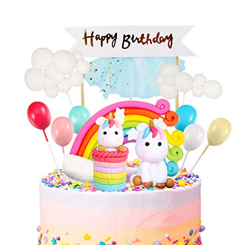 iZoeL Unicornio Decoración de Tartas Cumpleaños Happy Birthday Banderines Globos Arcoiris Nube Cake Topper Decorar Tartas Infantiles Niñas