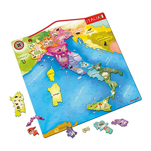 Janod - J05488 - Puzle de madera de 20 piezas magnéticas con diseño de mapa de Italia, 36 x 36 cm, juguete educativo para niños a partir de 7 años
