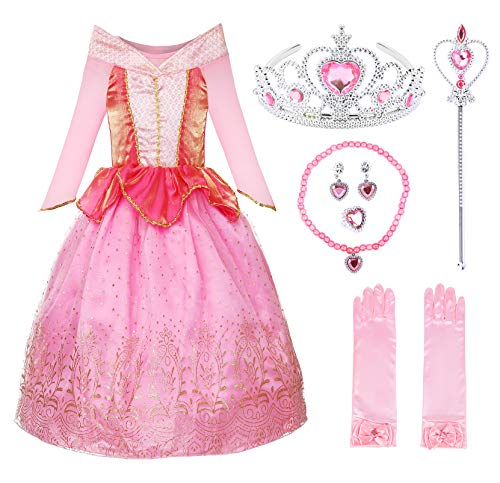 JerrisApparel Niña Princesa Aurora Disfraz Vestir Bella Durmiente Vestito (Aurora Rosada con Accesorios, 3 años)