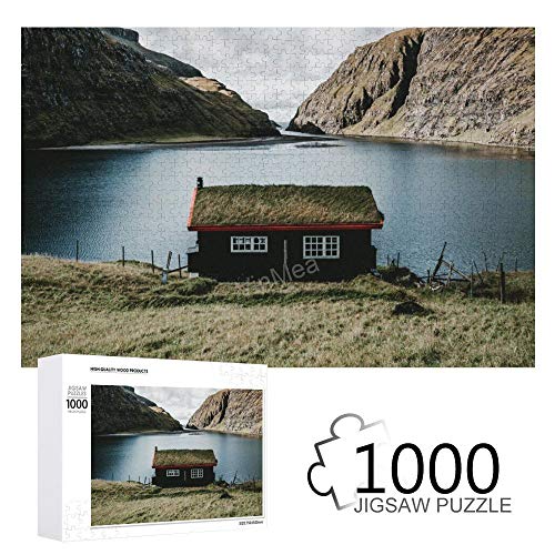 Jigsaw Puzzles 1000 Pieces For Adults Kids, House, Lake, Mountains, Village, Saksun, Faroe Islands, Archipelago Game Artwork For Adults Teens