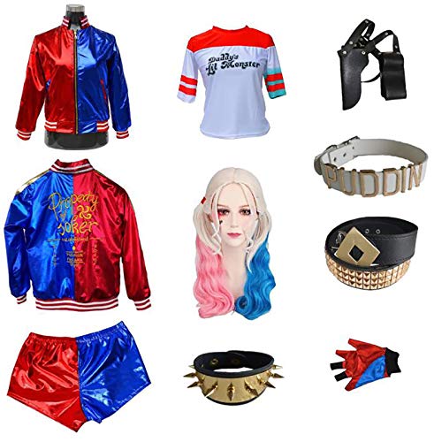 JOJO STYLE Suicide Squad Harleen Quinzel Cosplay Disfraz Cosplay Trajes Anime Adecuado para Carnaval De Halloween (Juego De 10 Piezas/Peluca/Juego De 3 Piezas/Accesorios),10 Piece Set,M