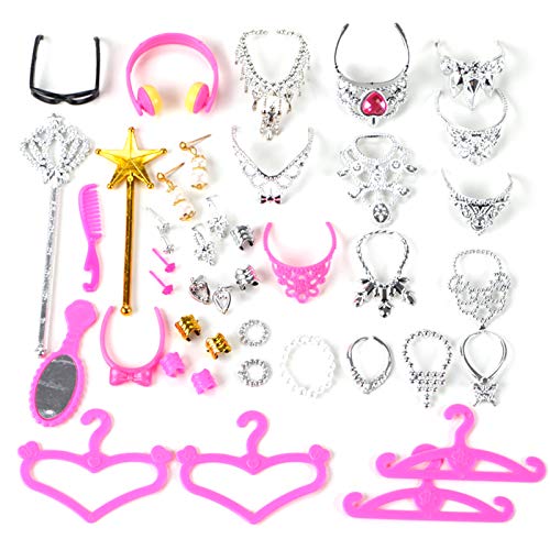 junengSO Bola de Rebote, 38 unids/Set Accesorios de muñeca Barbi Collar de joyería de simulación Pendientes de Corona Rosa