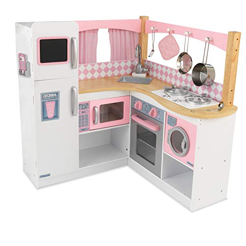 KidKraft- Cocina de juguete de madera para niños con accesorios para juegos de dramatización incluidos Grand Gourmet Corner , Color Rosa y blanco (53185)