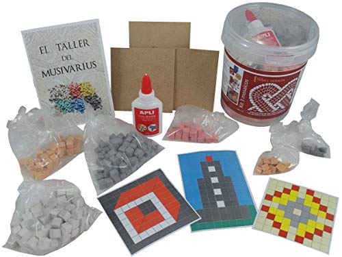 Kit 3 Mosaicos romanos para niños, faro, flor y cubo 3D. 306 teselas cúbicas de 9x9x9mm + cola + tablillas + instrucciones