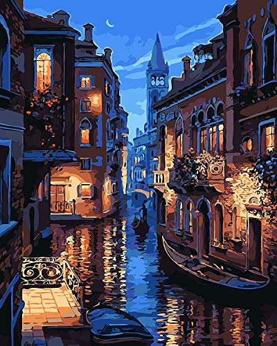 Komking Pintura por números para adultos, kit de pintura por números en lienzo sin marco, romántica noche de Venecia 40,6 x 50,8 cm