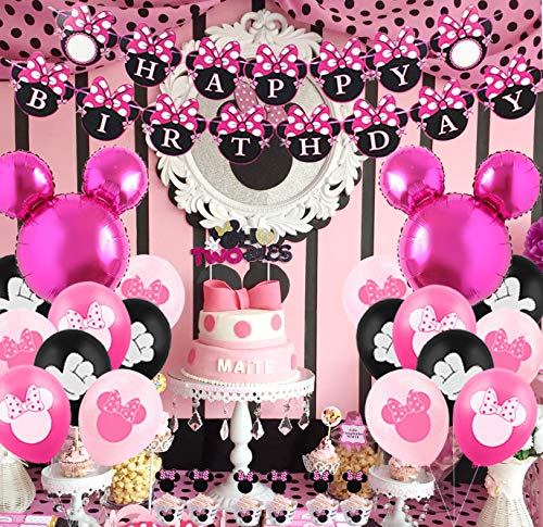 Kreatwow Minnie 2nd Birthday Decorations Supplies Hot Pink Minnie Oh Twodles Balloons Cake Toppers Wrappers Minnie Banner for Girl Second Birthday Party