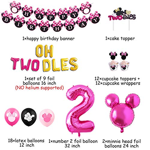 Kreatwow Minnie 2nd Birthday Decorations Supplies Hot Pink Minnie Oh Twodles Balloons Cake Toppers Wrappers Minnie Banner for Girl Second Birthday Party