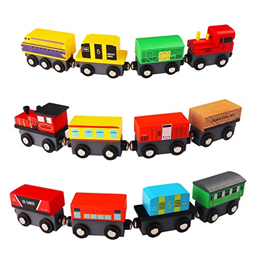 Kurtzy Trenes de Madera Imantados (13 Piezas ) Set - 12 Trenes con 1 Estuche de Madera - Accesorio de Set de Trenes, Colección de Trenes de Juguete de Madera para Niños y Niñas