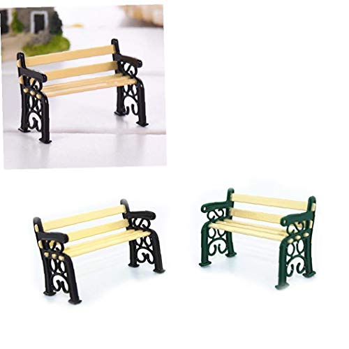 LAANCOO 2 muebles de casa de muñecas, bonito banco de parque retro, estilo de imitación para bricolaje, decoración de la casa, banco portátil en miniatura para parque artesanal, color negro y verde