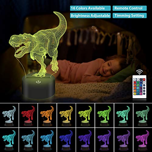 Lámpara de ilusión óptica 3D con diseño de dinosaurio para niños, niños, niñas, regalos, 16 colores, mando a distancia con temporizador, Velociraptor, juguete nocturno