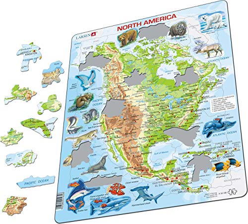 Larsen A32 América del Norte, Mapa físico con Animales, edición en Inglés, Puzzle de Marco con 66 Piezas