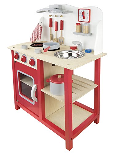 Leomark Cocina Madera Infantil De Juguete - color Classic Roja -Accesorios: Reloj, Grifo y Fregadero, Cubiertos, Utensilios de Cocina, Para Niños, Juego de Imitación, Dim: 60x30x75 (altura) cm