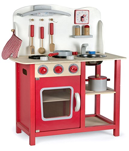 Leomark Cocina Madera Infantil De Juguete - color Classic Roja -Accesorios: Reloj, Grifo y Fregadero, Cubiertos, Utensilios de Cocina, Para Niños, Juego de Imitación, Dim: 60x30x75 (altura) cm