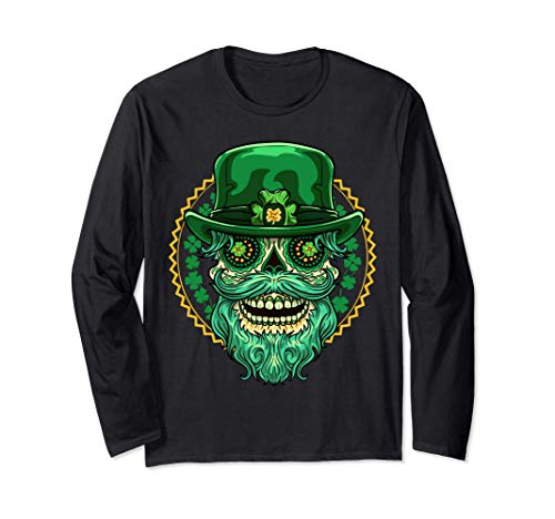 Leprechaun Sugar Skull Día de Muertos de San Patricio Manga Larga