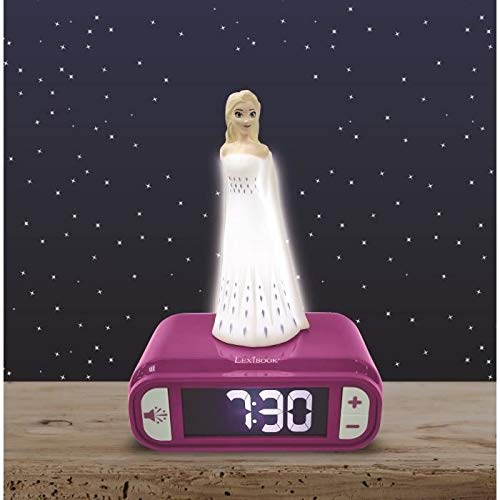 Lexibook- Disney Frozen 2 Elsa-Reloj Despertador con Pantalla LCD Digital y luz de Noche integrada, quitamiedos niña, Multicolor