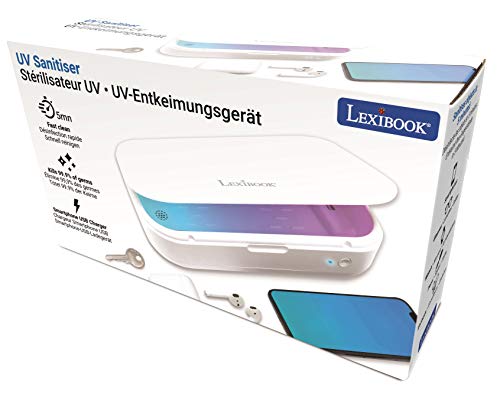 LEXIBOOK Esterilizador UV - Caja esterilizadora para Mascarillas, Smartphones, Llaves, Auriculares - Lámpara UV Esterilización rápida de 5 Minutos - Aromaterapia - Blanco, UVS100